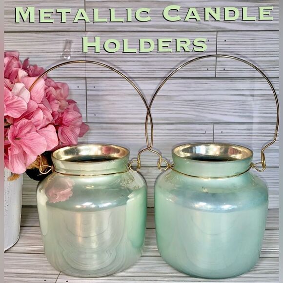 2 Metallic Sage Green Glass Candle Holders With Gold Tone Handle - Picture 1 of 7